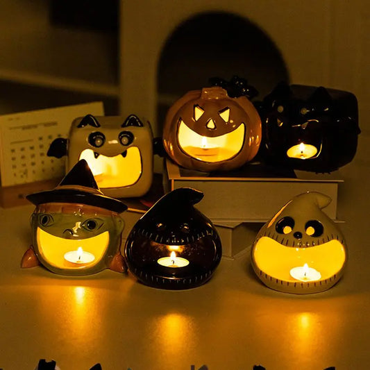 Halloween Ceramic Candle Holder Cute Ghost Pumpkin Candlestick Halloween Decoration 2025 Desk Ornament Day of The Dead Decor