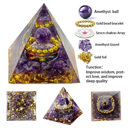 Natural Crystal Energy Generator Pyramid - Peridot Amethyst Reiki Healing Chakra Resin Pyramid Egyptian Home Decor