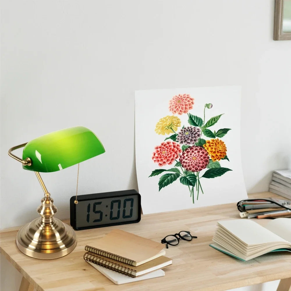 Glass Banker's Desk Lamp with Zipper Switch - Vintage Table Light for Bedroom, Study, Library & Office