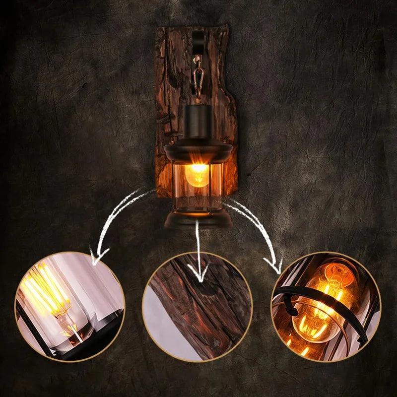Antique New Style Industrial Wood Wall Sconce - Rustic Wall Lamp with Iron Metal Art for Bar Loft Corridor Decor