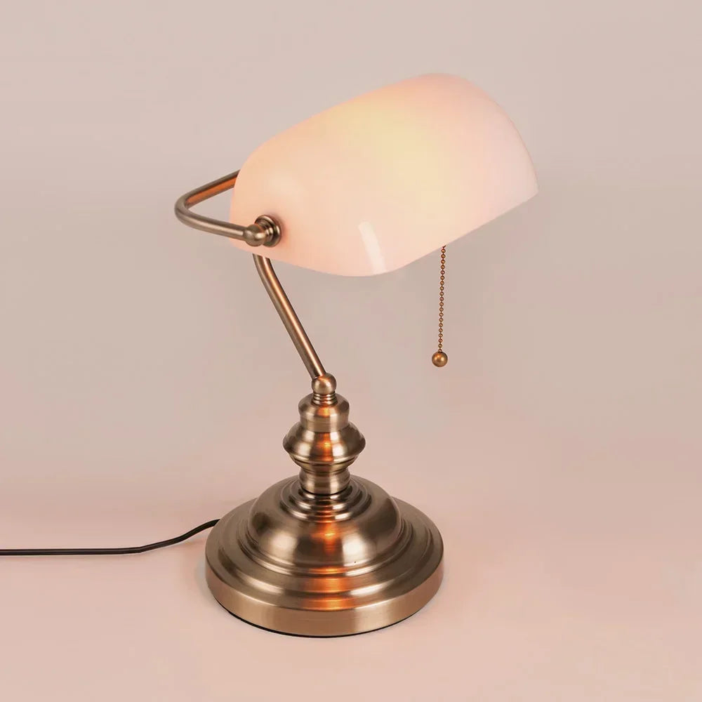 Glass Banker's Desk Lamp with Zipper Switch - Vintage Table Light for Bedroom, Study, Library & Office