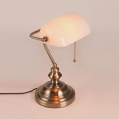 Glass Banker's Desk Lamp with Zipper Switch - Vintage Table Light for Bedroom, Study, Library & Office