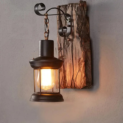 Antique New Style Industrial Wood Wall Sconce - Rustic Wall Lamp with Iron Metal Art for Bar Loft Corridor Decor
