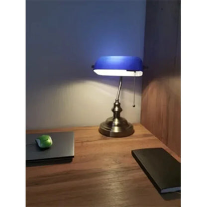Glass Banker's Desk Lamp with Zipper Switch - Vintage Table Light for Bedroom, Study, Library & Office
