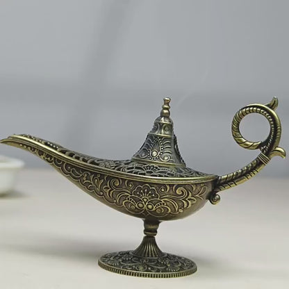 Fay Bless Mini Genie Lamp Incense Burner – Vintage Alloy Aromatherapy Holder for Meditation, Yoga & Home Decor